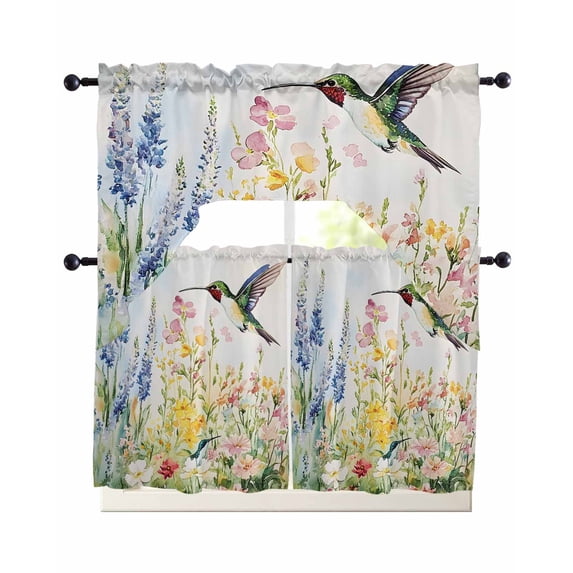 Floral Hummingbird Swag Kitchen Curtains Sets for Windows 24 Inch Length, Spring Watercolor Flowers Short Window Curtain Panels Swags Valances and Tiers 3 Piece Set for Cafe/Dining Room