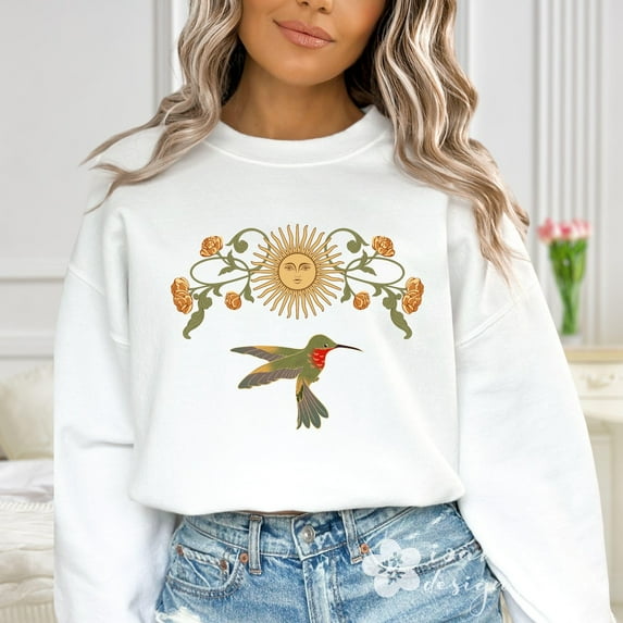 Floral Hummingbird Sweatshirt Art Deco Shirt Wildflowers Sweater Bird lover shirt Vintage Botanical Sun sweater Women, mom Tshirt All Size S-5XL