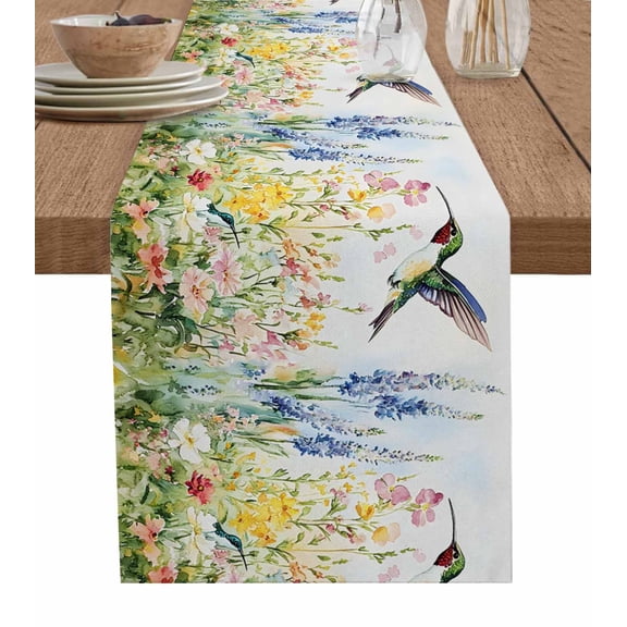 Floral Hummingbird Table Runner Cotton Linen 48 Inch Holiday Dresser Scarves, Spring Watercolor Flowers Tablerunner for Kitchen Coffee Dining Bedroom Home Living Room Dinner Scarf Décor 13''x48''