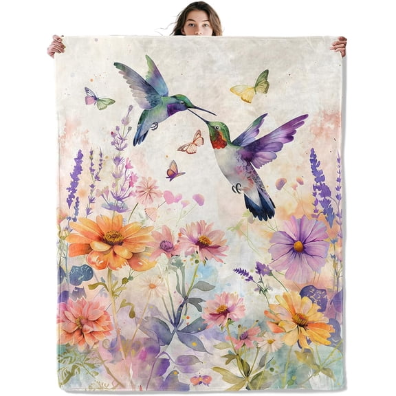 Floral Hummingbird Throw Blanket Soft Cozy Lightweight Flannel Blankets with Butterfly Wildflower Watercolor Printed for Nature Lovers Bedroom Dorm Office Home Decor Gifts 40x50 Inch