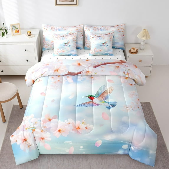 Floral Hummingbird Twin Bedding Set 7 Piece Cherry Blossom Comforter Set With Sheets Teen Women,Spring Pink Flower Cute Bird Bed In A Bag Aesthetics Nature Bed Set