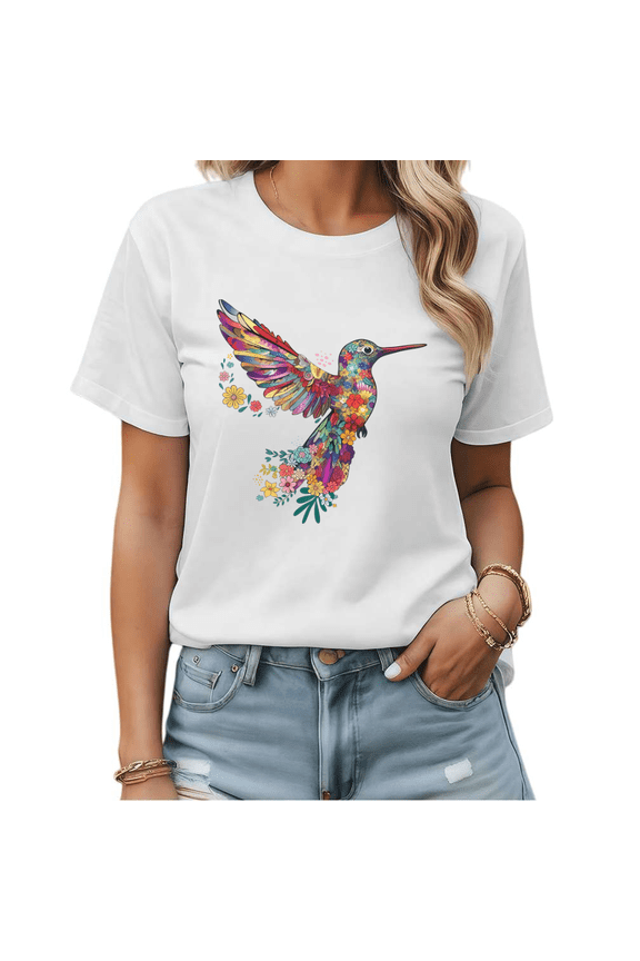 Floral Hummingbird Watercolor Graphic Tees Womans T-shirt Black/White S-5XL Shirts Boho Bird Tops