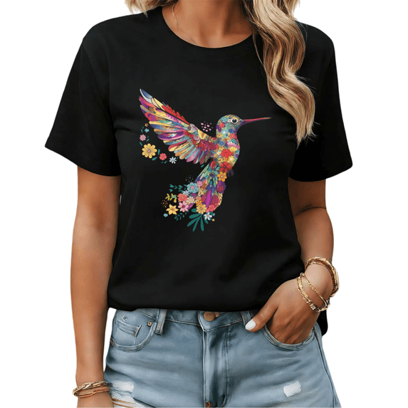 Floral Hummingbird Watercolor Graphic Tees Womans T-shirt Black/White S-5XL Shirts Boho Bird Tops