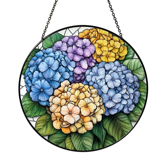 Floral Hydrangea Stained Glass Style Window Panel – Bright Flower Decor