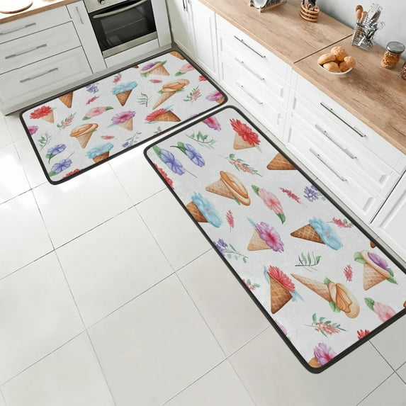 Floral Ice Cream Kitchen Mat Set of 2 Non-Slip Washable Kitchen Rugs Waterproof Comfort Standing Floor Mats for Kitchen Home Office Sink Laundry 17x29 Inch + 17x47 Inch