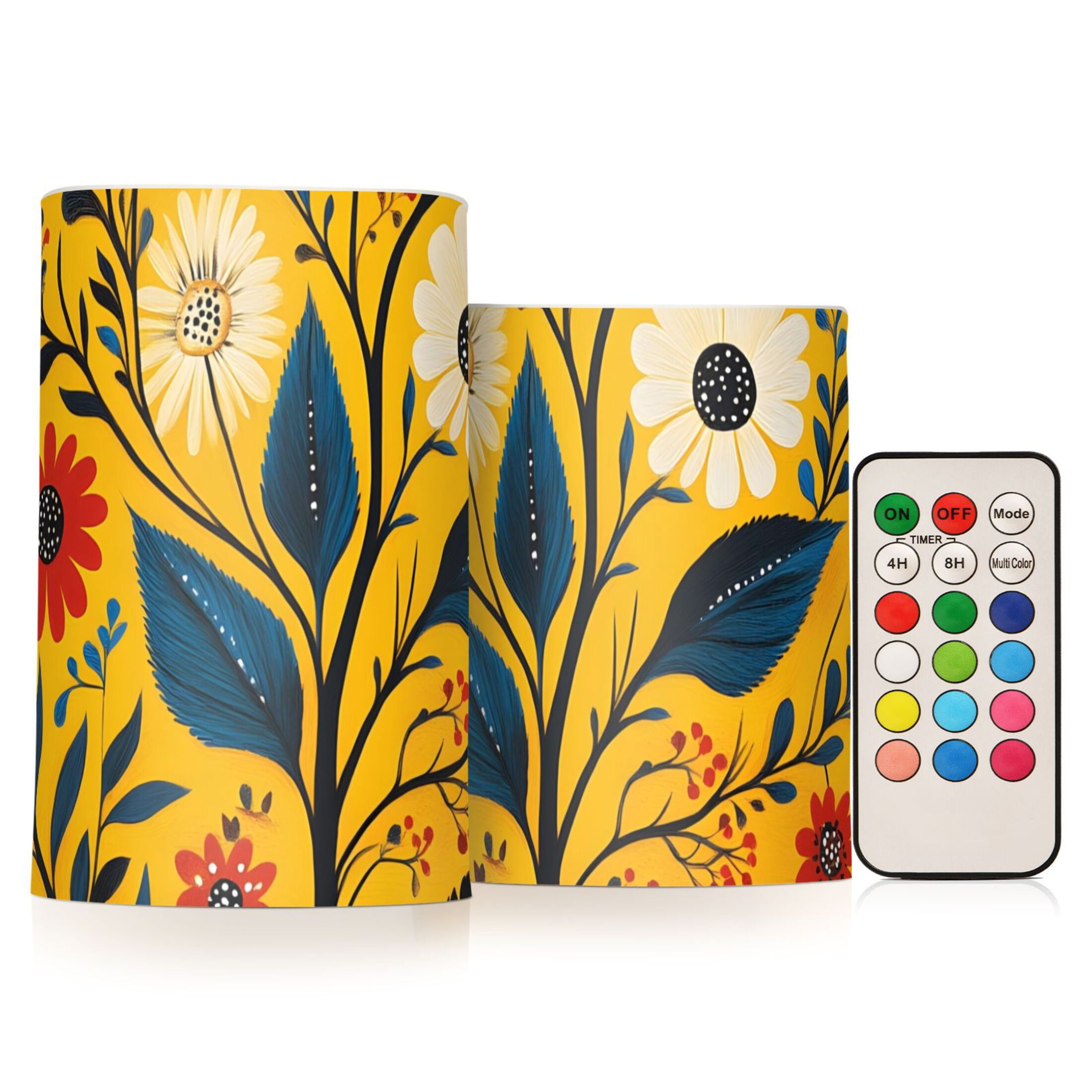 Floral Illustration Yellow Background Flickering Flameless Candles Battery Operated with Remote Timer LED Pillar Candles Set of 2