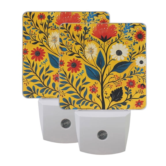 Floral Illustration Yellow Background LED Night Light with Smart Sensor Plug Into Wall Dusk to Dawn 2 packs