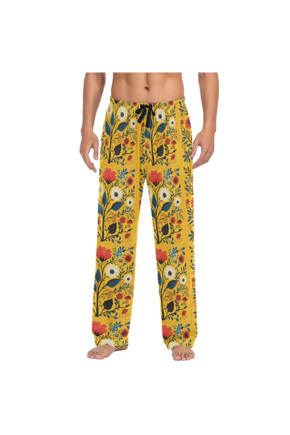 Floral Illustration Yellow Background Mens Pajama Pant Sleep and Lounge Bottons with Pockets