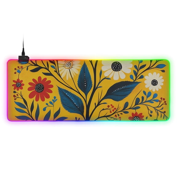 Floral Illustration Yellow Background RGB Gaming Mouse Pad Large Keyboard Mat Rubber Base 13 Light Modes