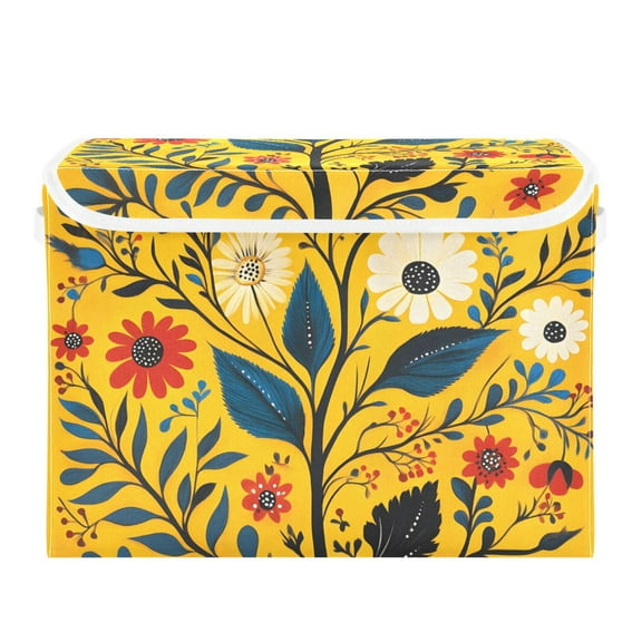 Floral Illustration Yellow Large Storage Bins with Linen Collapsible Lid Storage Box 16.7 x 12.6 x 11.8in