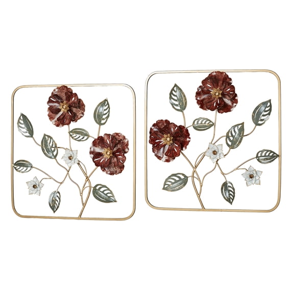 Floral Impressions Metal Wall Art Set of Two, Handpainted Red Flower Openwork 2-pc Art Set