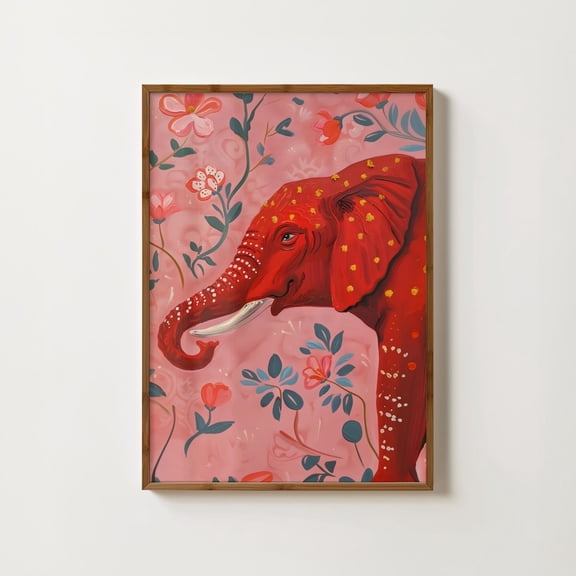Floral Indian Elephant Print Red Elephant Elephant Wall Art Folk Art Elephant Happy Elephant Picture Unique Elephant Home Decor #1224, Stretched Canvas Size 8x12