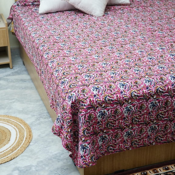 Floral Indian Kantha Quilt â€“ Handmade Cotton Block Print Bedspread in Pink Multicolour, Boho Style