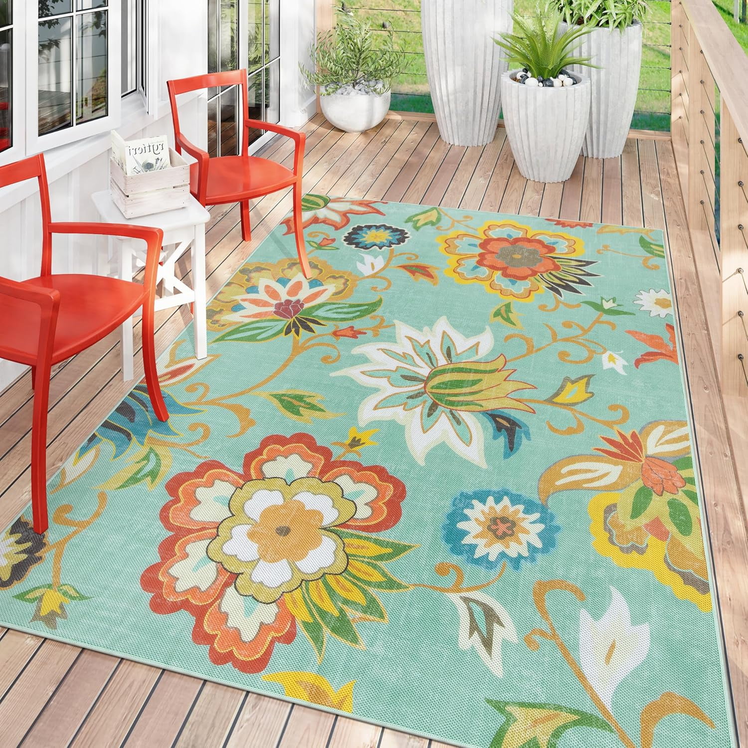 Floral Indoor Outdoor Rug, 5x8ft Non Slip Outdoor Patio Rug for Camping ...