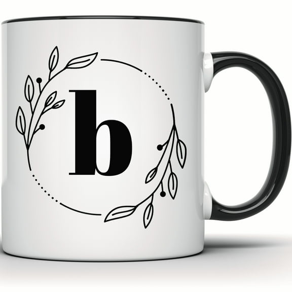 Floral Initial B Mug | Botanical Monogram B Mug | Unique Gift Mug | Custom Letter B Mug | Non-Personalized Coffee Mug - 11 Ounce Black Rim Handle Novelty Coffee Cup - WMUG0378-Black Rim