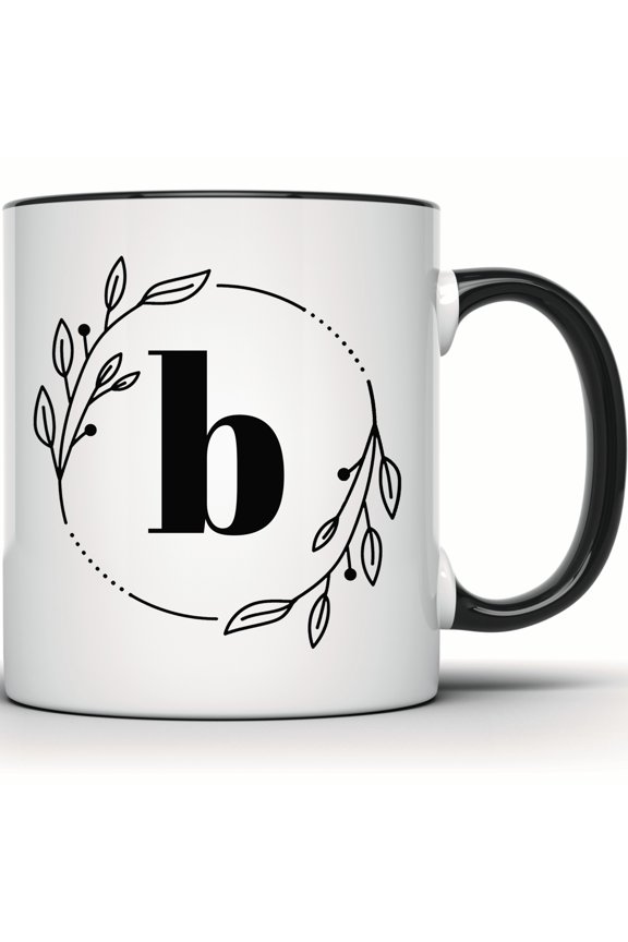 Floral Initial B Mug | Botanical Monogram B Mug | Unique Gift Mug | Custom Letter B Mug | Non-Personalized Coffee Mug - 11 Ounce Black Rim Handle Novelty Coffee Cup - WMUG0378-Black Rim