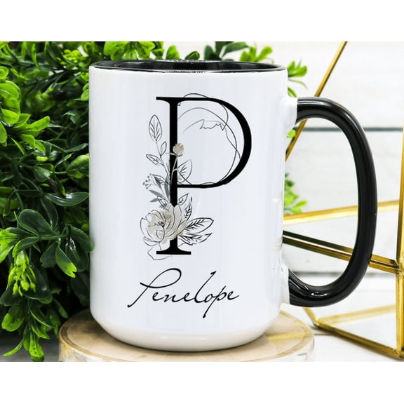 Floral Initial Coffee Mug Personalized Letter Monogram Gift