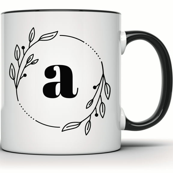 Floral Initial A Coffee Mug - Personalized Monogram Gift for Her or Him - Custom Name Tea Cup - 11 Ounce Black Rim Handle Novelty Coffee Cup - WMUG0377-Black Rim