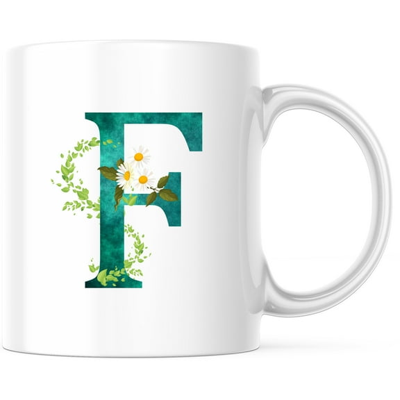Floral Initial 'F' Mug | Daisy Flower Monogram | Botanical Alphabet Mug | Personalized Letter Cup | Custom Name Gift - 11 Ounce Novelty Coffee Cup - WMUG0061