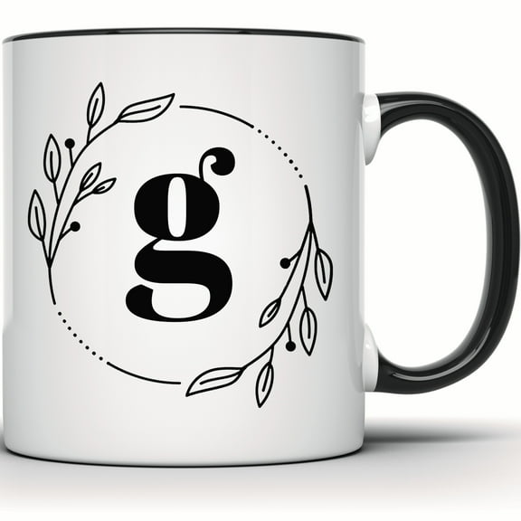 Floral Initial G Mug - Personalized Letter Mug - Custom Name Botanical Mug - Monogram Gift - Coffee & Tea Mug - Unique Gift for Her - 11 Ounce Black Rim Handle Novelty Coffee Cup - WMUG0383-Black Rim