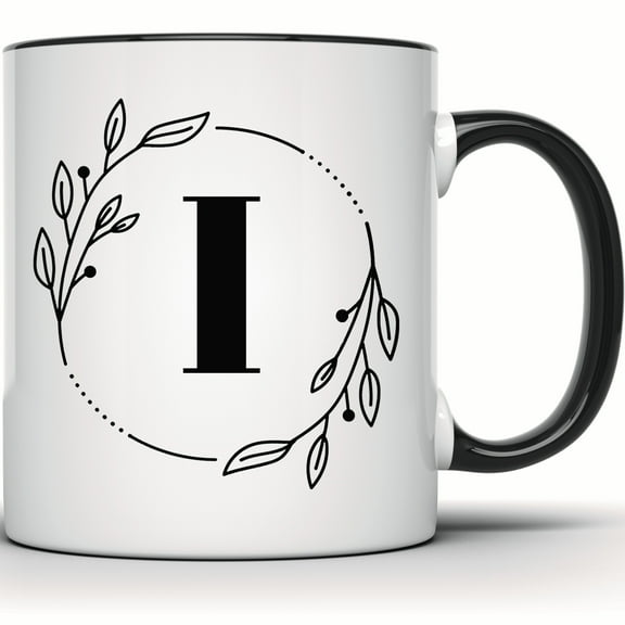 Floral Initial I Mug - Monogram Alphabet Coffee Mug - Unique Personalized Gift Idea - 11 Ounce Black Rim Handle Novelty Coffee Cup - WMUG0359-Black Rim