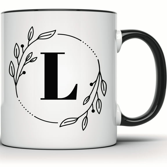 Floral Initial L Mug - Monogram Coffee Mug - Alphabet Letter L Gift - Custom Name Mug - 11 Ounce Black Rim Handle Novelty Coffee Cup - WMUG0362-Black Rim