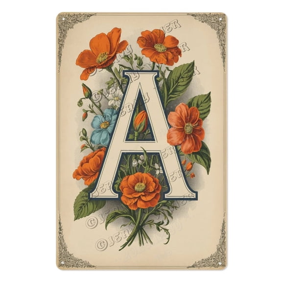 Floral Initial Letter 'A' Wall Art Personalized Metal Sign, Perfect for Nursery, Living Room, Bedroom, Housewarming Gift 12x16 inch