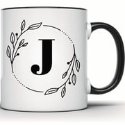 Floral Initial Letter J Mug - Personalized Monogram Coffee Mug - Botanical Custom Name Tea Mug - Gift for Her - 11 Ounce Black Rim Handle Novelty Coffee Cup - WMUG0360-Black Rim