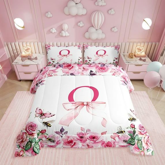 Floral Initial Letter O Comforter Set,Valentine's Day Bedding Set Twin,ABC's Butterfly Honeybee Down Comforter,Princess Bow Reversible Bed Set with 1 Pillowcase Warm