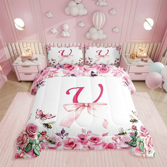 Floral Initial Letter U Comforter Set,Twin Initial A-Z Bedding Set,ABC's Butterfly Honeybee Down Comforter,Princess Bow Reversible Bed Set with 1 Pillowcase Warm