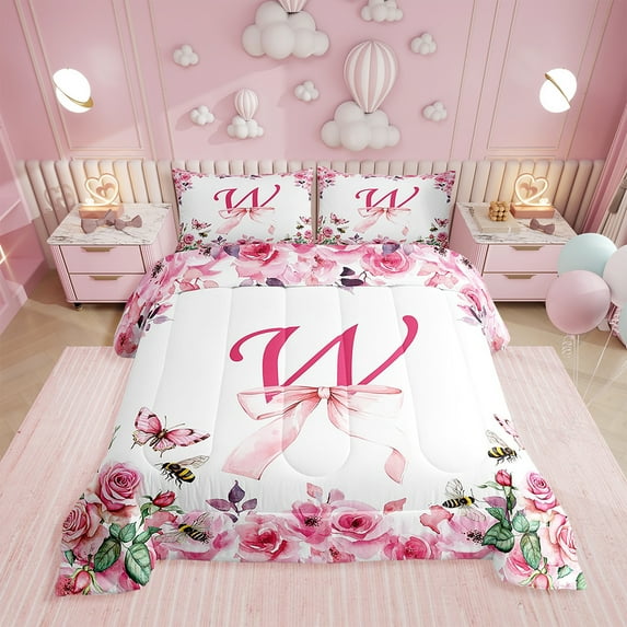 Floral Initial Letter W Comforter Sets King,Initial A-Z Bedding,ABC's Butterfly Honeybee Down Comforter,Princess Bow Reversible Bed Set with 2 Pillowcases Lightweight
