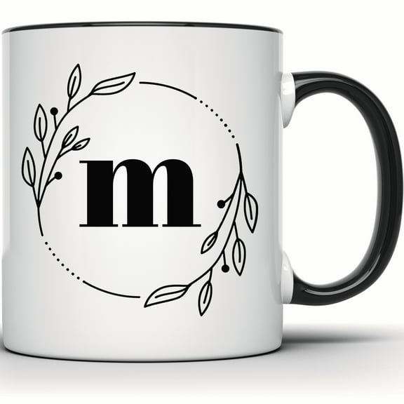 Floral Initial M Mug - Botanical Alphabet Letter M Cup - Personalized Gift - Custom Wedding & Anniversary Present - 11 Ounce Black Rim Handle Novelty Coffee Cup - WMUG0389-Black Rim