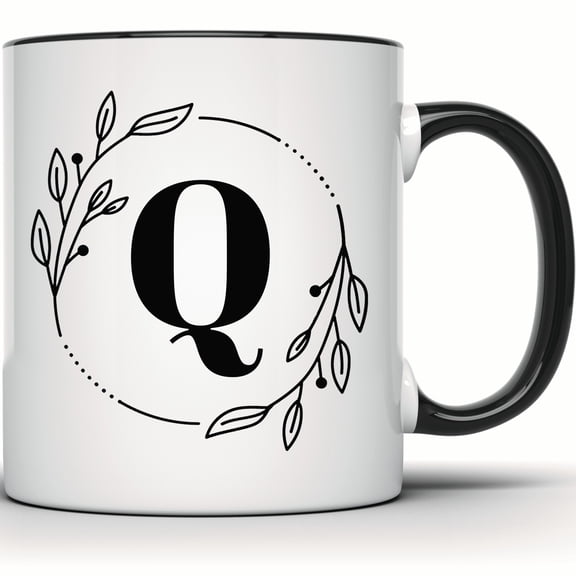 Floral Initial Q Mug - Monogram Coffee or Tea Mug - Elegant Gift for Her or Him - Perfect Custom Mug for Any Occasion - 11 Ounce Black Rim Handle Novelty Coffee Cup - WMUG0367-Black Rim