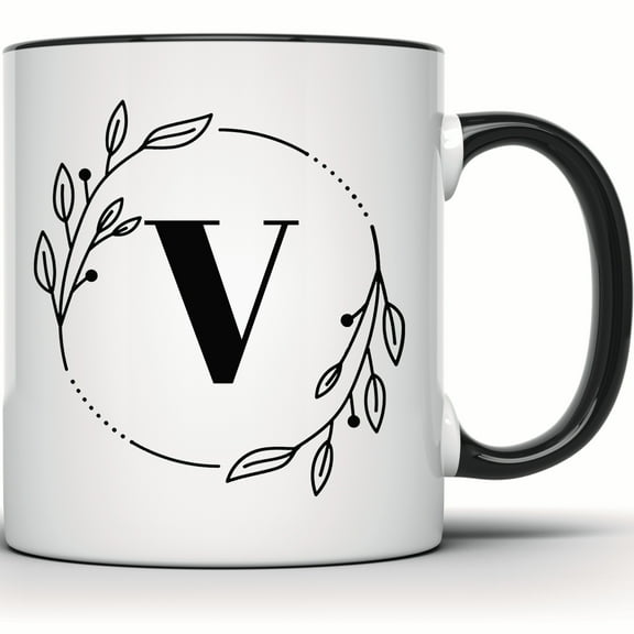 Floral Initial V Mug - Botanical Alphabet V Mug - Personalized Gift Mug - Custom Letter V Coffee Cup - 11 Ounce Black Rim Handle Novelty Coffee Cup - WMUG0372-Black Rim