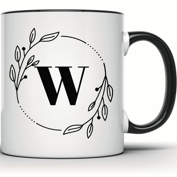 Floral Initial W Mug - Botanical Monogram W Coffee Mug - Personalized Letter W Gift Mug - 11 Ounce Black Rim Handle Novelty Coffee Cup - WMUG0373-Black Rim