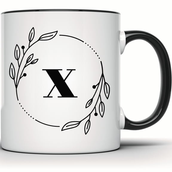 Floral Initial X Mug - Botanical Monogram Mug - Unique Coffee Mug - Custom Tea Mug - Personalized Gift - 11 Ounce Black Rim Handle Novelty Coffee Cup - WMUG0400-Black Rim