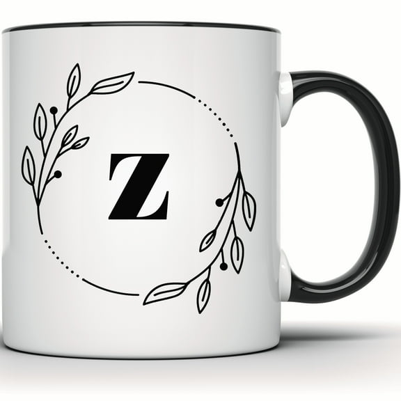 Floral Initial Z Mug - Monogram Alphabet Mug with Letter Z - Personalized Name Coffee Mug - Custom Monogram Mug - Unique Gift Mug - 11 Ounce Black Rim Handle Novelty Coffee Cup - WMUG0402-Black Rim