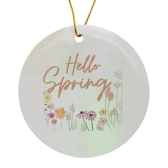 3drose, Floral Inspiration for Spring Season with a Text of Hello Spring, Circle Porcelain Ornament
