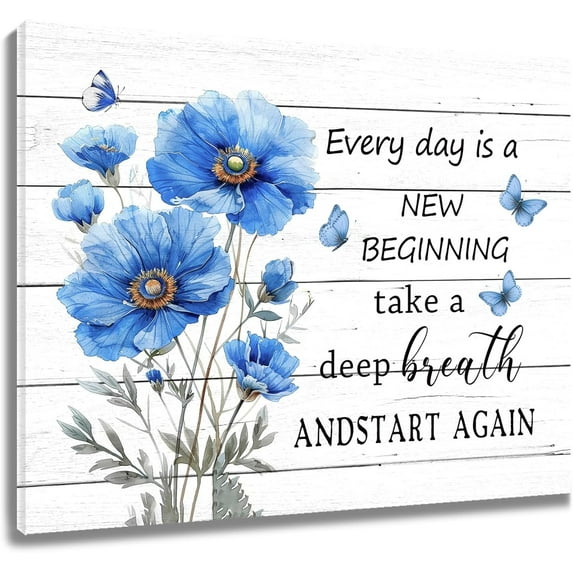 Floral Inspirational Quotes Wall Art for Bathroom Blue Flower and Butterfly on Grey Wood Pictures Wall Decor Rustic Wildflower Framed Wall Art for Living Room Bedroom Decor,16L X 24W inches