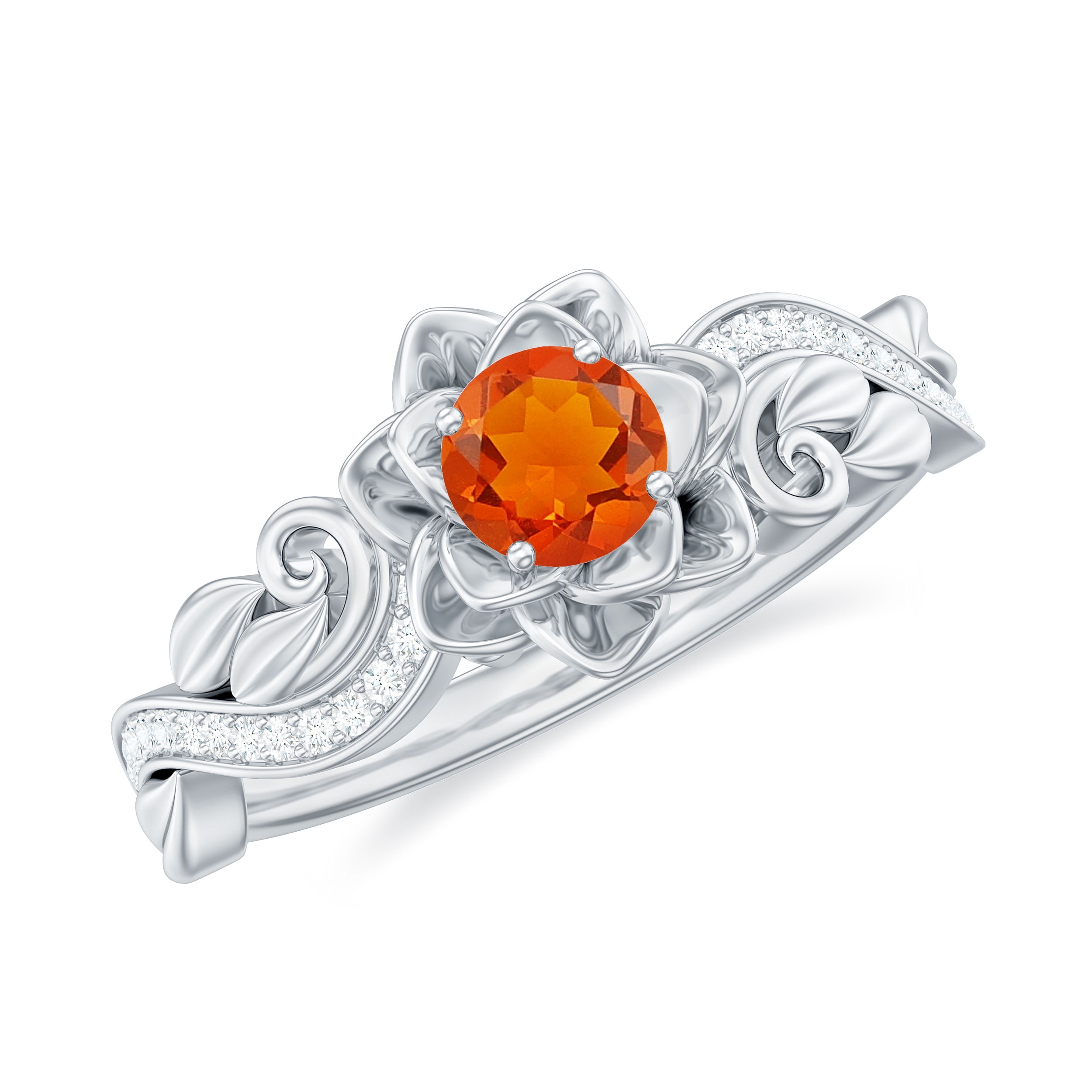 Floral Inspired 4 MM Fire Opal Engagement Ring for Women with Diamond