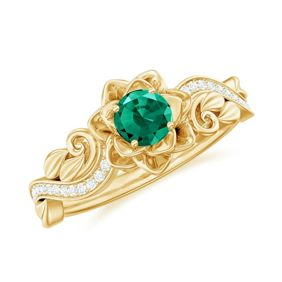 Rosec Jewels Lab Grown Emerald Flower Engagement Ring - Emerald Moissanite Ring for Women - AAAA Quality - with Jewelry Box, 18K Yellow Gold, US 3.50