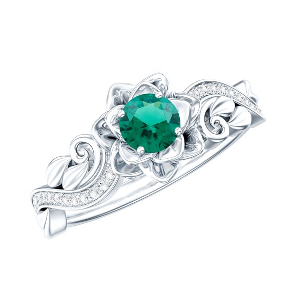 Rosec Jewels Lab Grown Emerald Flower Engagement Ring - Emerald Moissanite Ring for Women - AAAA Quality - with Jewelry Box, 925 Sterling Silver, US 4.00