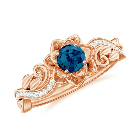 Rosec Jewels Floral Inspired London Blue Topaz Ring with Diamond for Women - AAA Quality, 14K Rose Gold, US 9.50