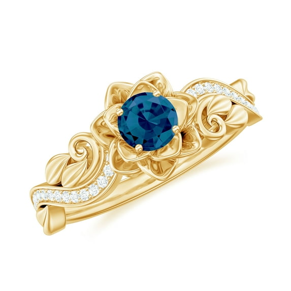 Rosec Jewels Floral Inspired London Blue Topaz Ring with Diamond for Women - AAA Quality, 14K Yellow Gold, US 6.00