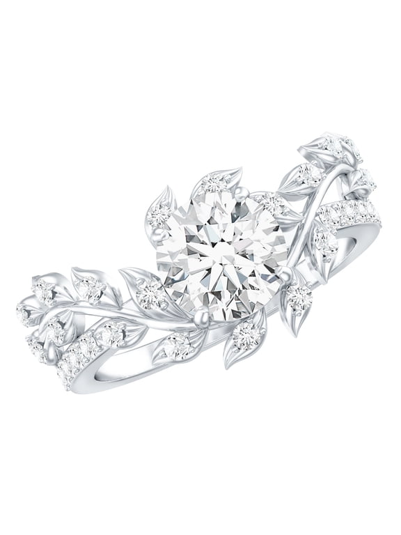 Nature Inspired Moissanite Engagement Ring for Women - Vine Leaf Ring - 7 mm Round - D-VS1 Quality Certified, 925 Sterling Silver, US 4.00
