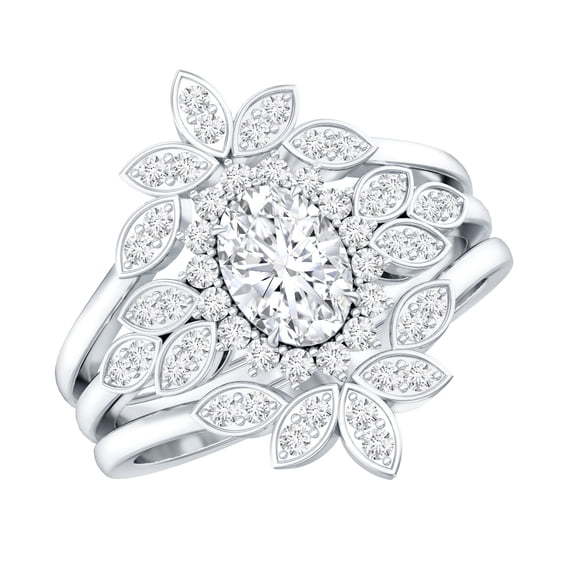 Rosec Jewels Certified Moissanite Wedding Ring Set of 3 - Vintage Style Oval Engagement Ring with Enhancer - D-VS1 Grade, 925 Sterling Silver, US 9.50