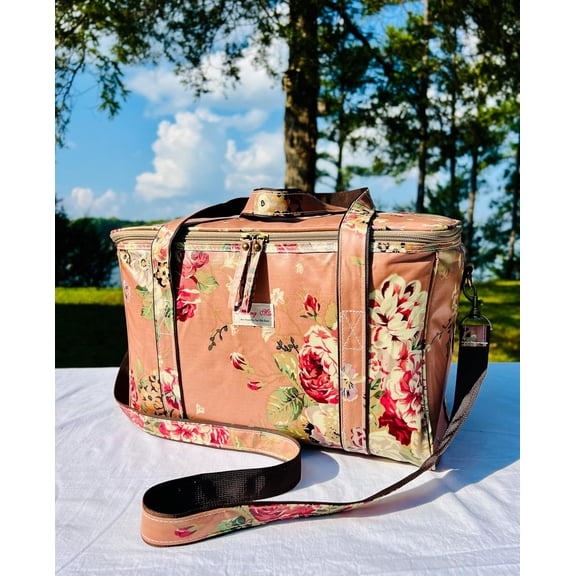 Floral Insulated Picnic Cooler Bag, 15.5x11x10.5 inches, 30-Can Capacity, Coral Peony Pattern, Waterproof with Shoulder Strap