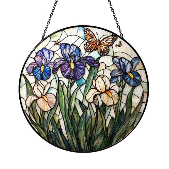 Floral Iris Butterfly Glass Suncatcher Window Decor, Stained Glass Style Art