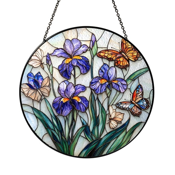 Floral Iris Butterfly Stained Glass Suncatcher Window Decor, Soft Botanical Home Accent