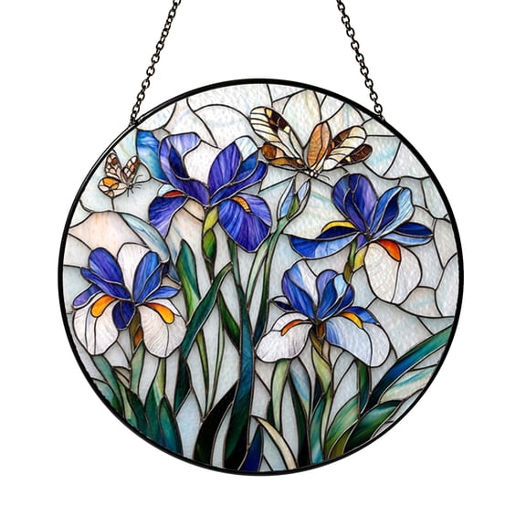 Floral Iris Butterfly Stained Glass Window Art, Refined Nature Inspired Hanging Decor